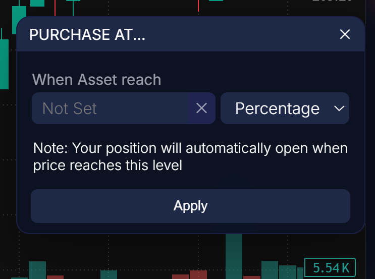 Purchase At dialog that opens a position when the asset reaches a chosen level