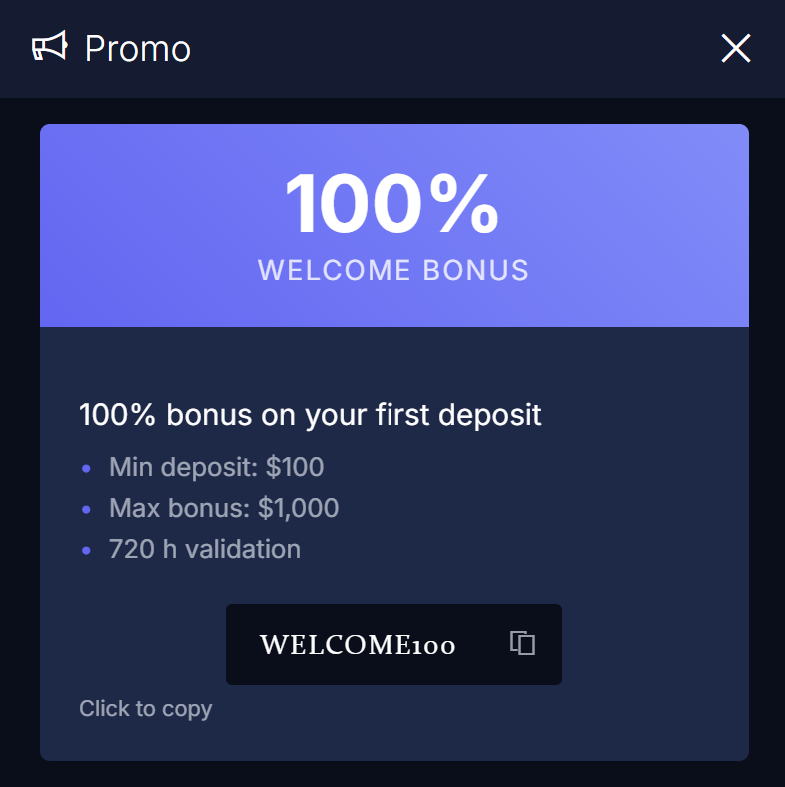 Promo panel with an active welcome bonus code