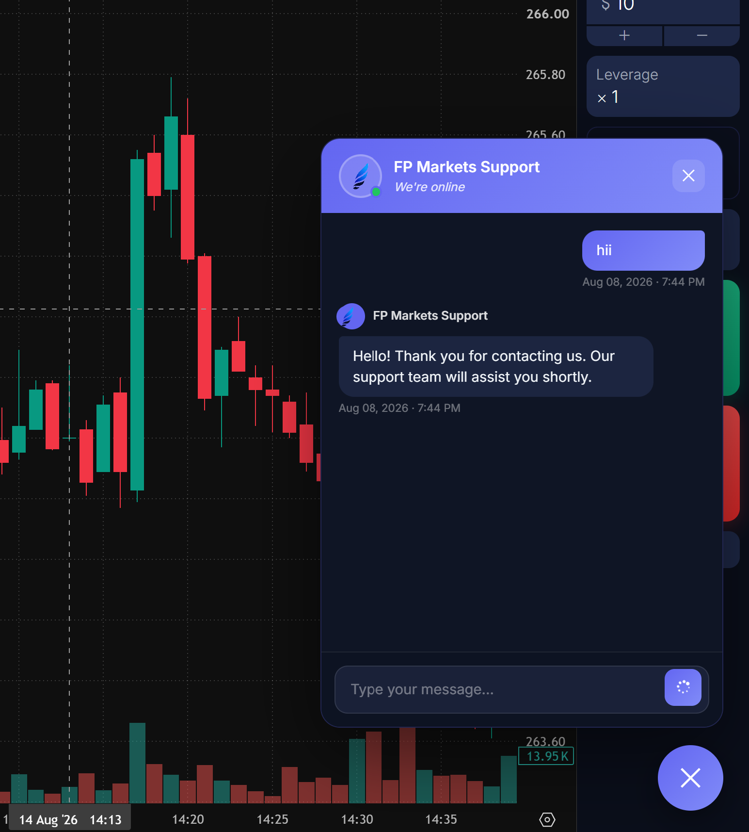 FP Markets support chat opened over the live trading chart